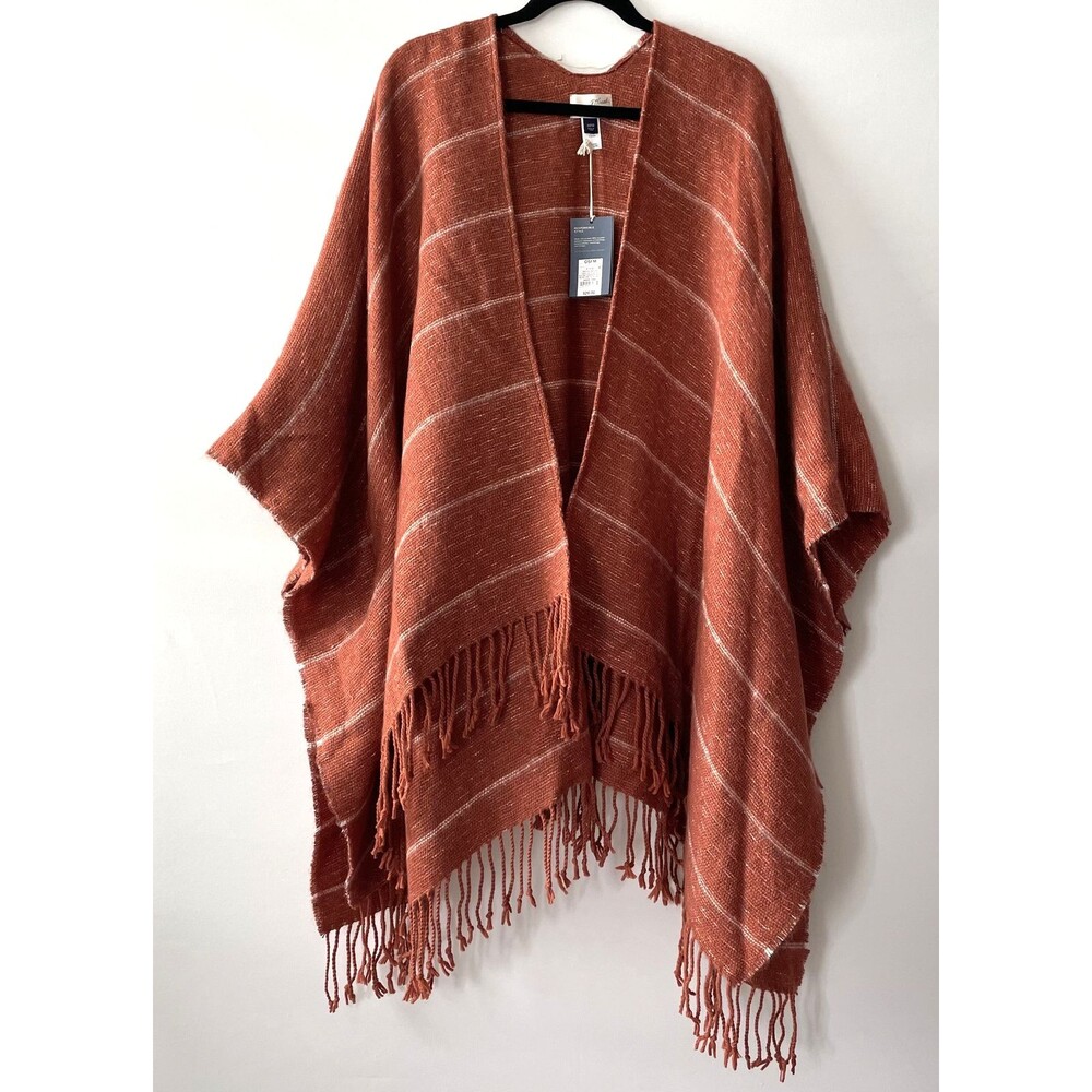 NWT Universal Thread Ruana Poncho Fringe Open Front Striped Rust Size OS-dmpv